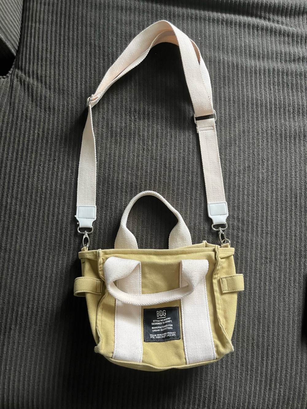 BDG Small Canvas Crossbody Tote in Khaki with White Straps